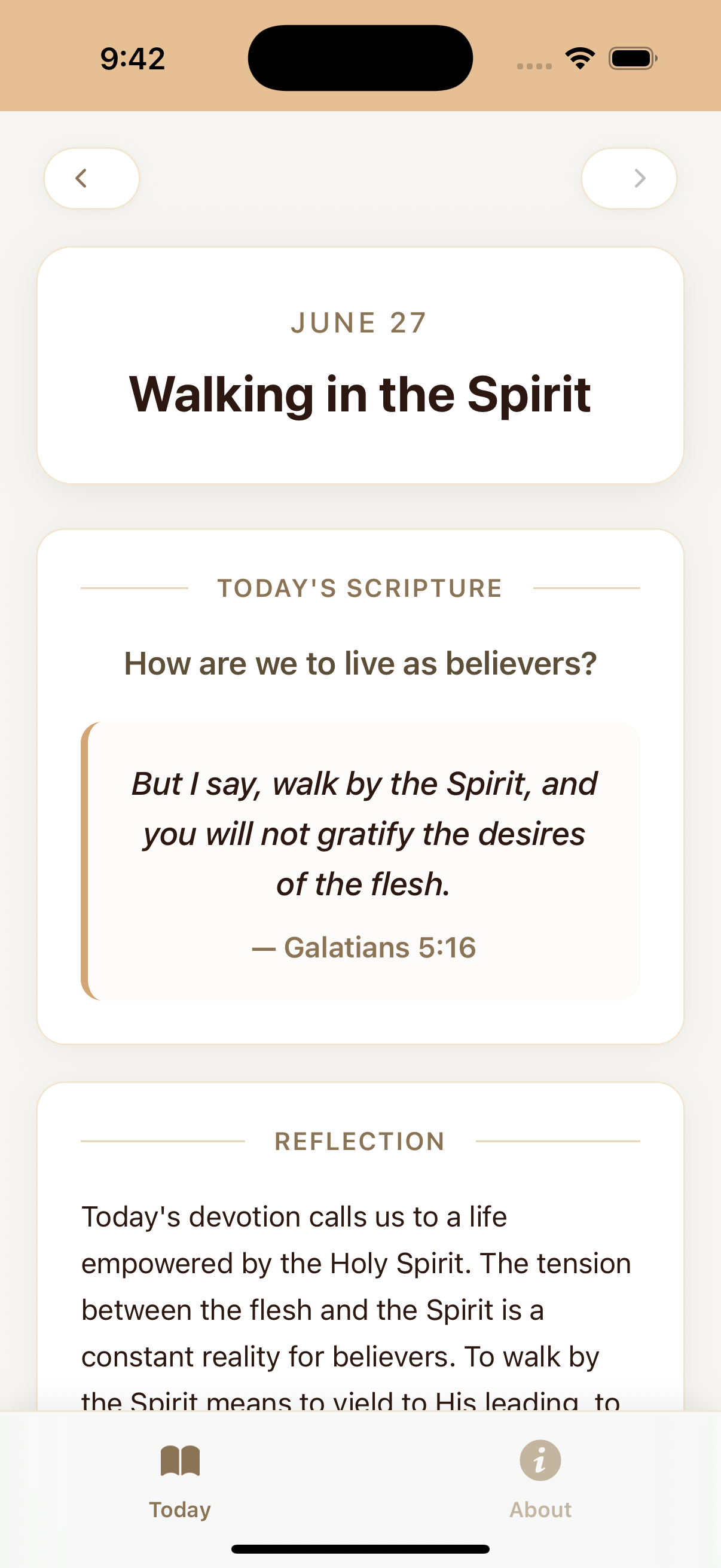 Heart Aflame app showing a daily devotion titled 'Walking in the Spirit' with scripture from Galatians 5:16